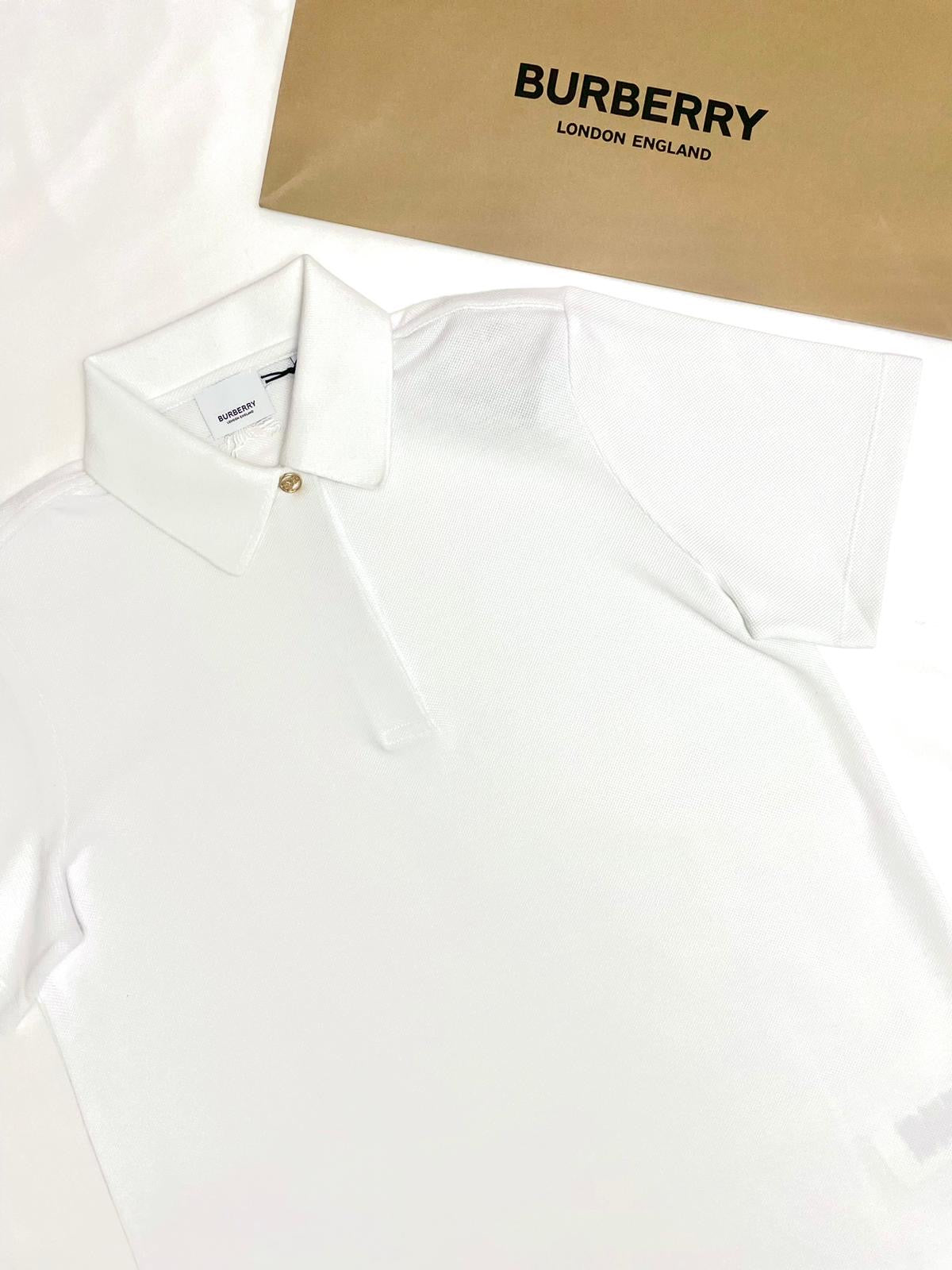 Burberry White Polo Shirt with Branded Gold Button and Horse Embroidery in the back
