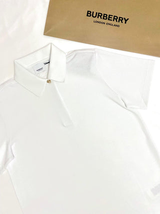 Burberry White Polo Shirt with Branded Gold Button and Horse Embroidery in the back