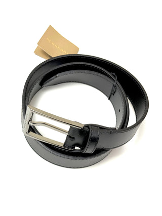 Burberry Black Leather Belt with Long Silver Branded Buckle