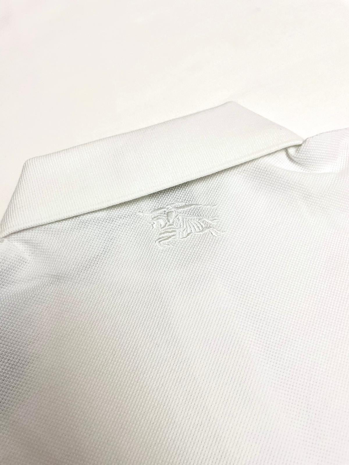 Burberry White Polo Shirt with Branded Gold Button and Horse Embroidery in the back