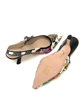 Dior Floral Canvas Leather Slingback Heels