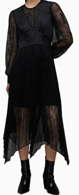AllSaints Black Lace Pleated Asymmetric Dress