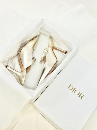 Dior Heeled Mule Gold Tone Metallic Lambskin
