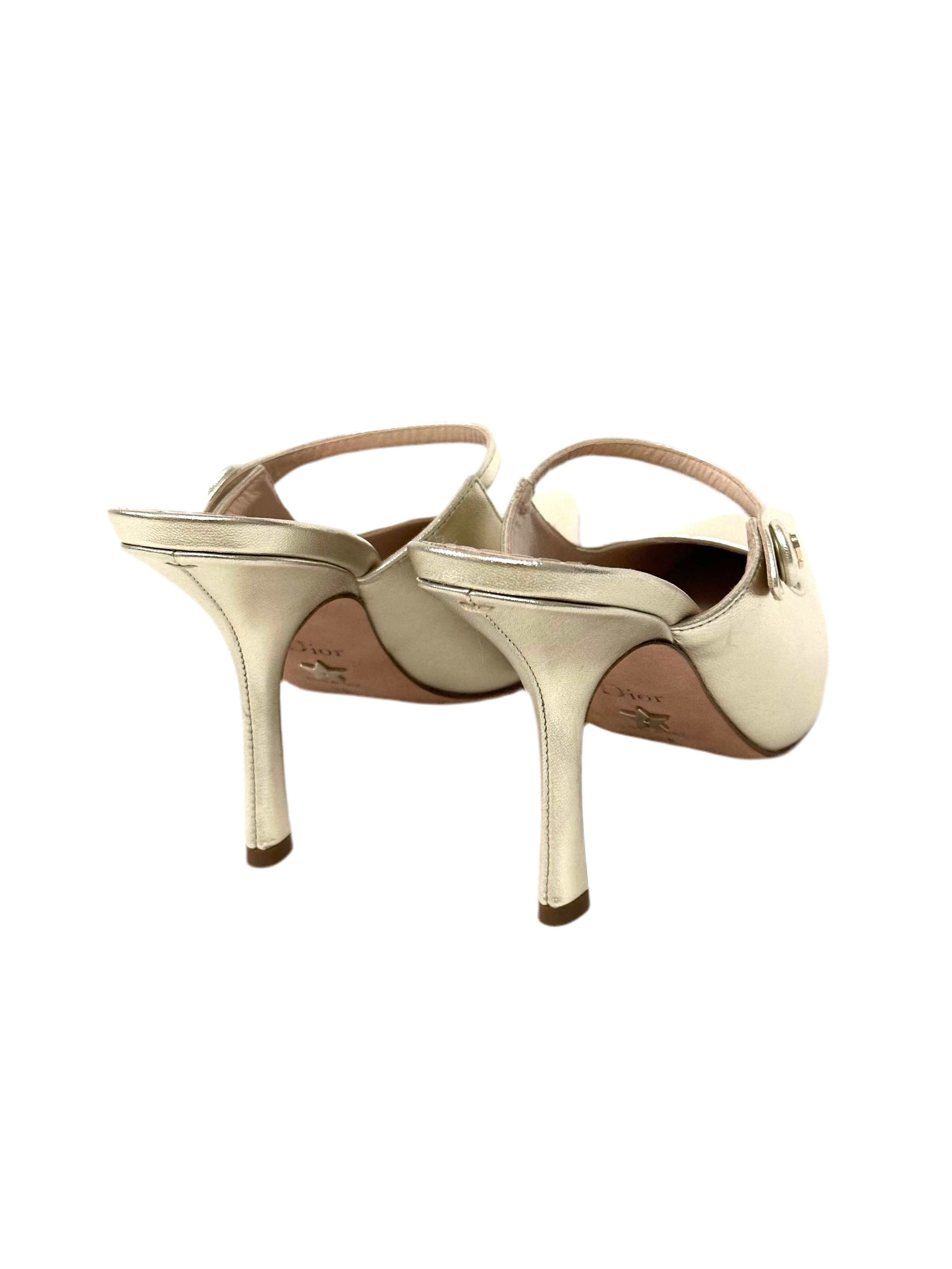 Dior Heeled Mule Gold Tone Metallic Lambskin