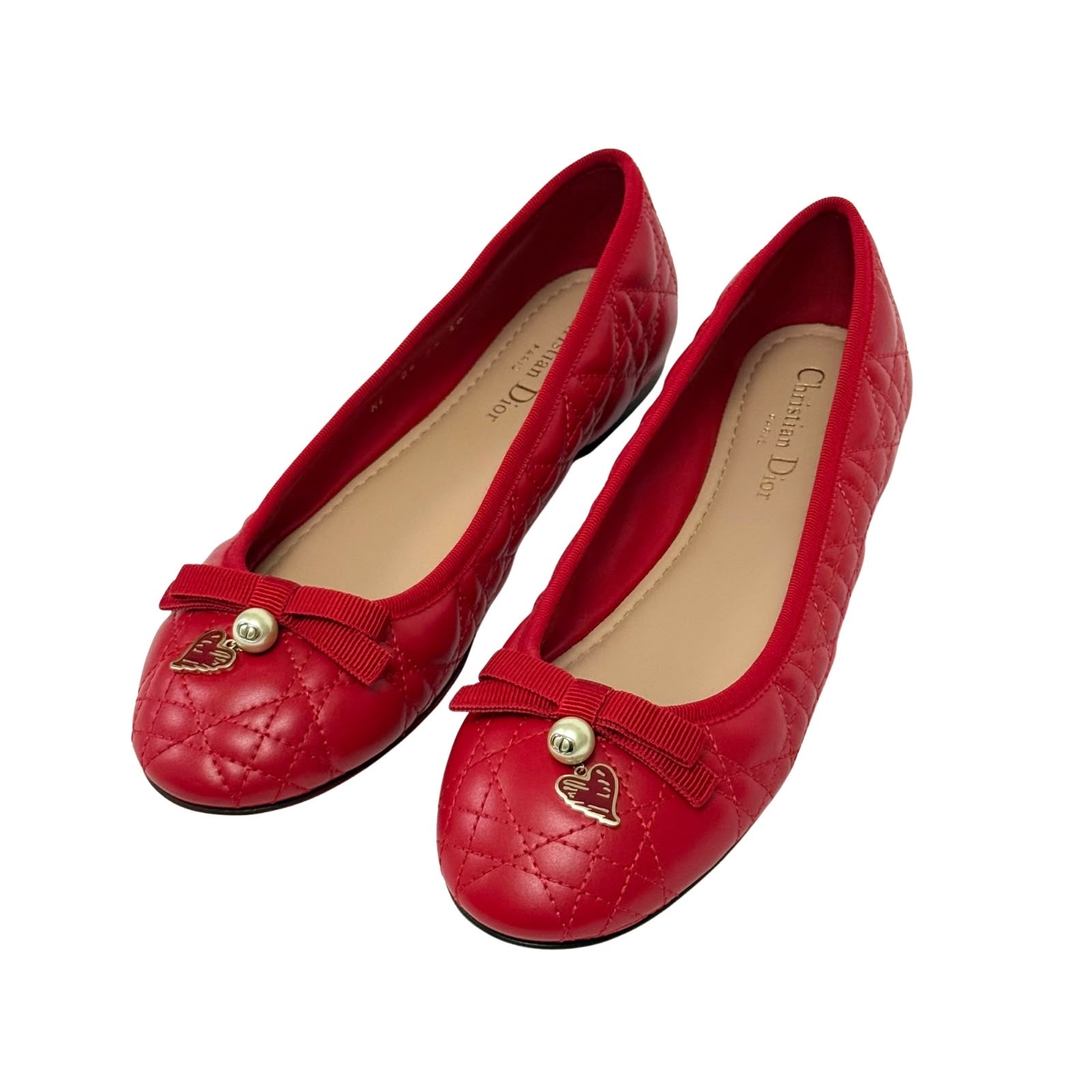 Christian Dior Red Cannage Quilted Leather Bow Ballet Flat