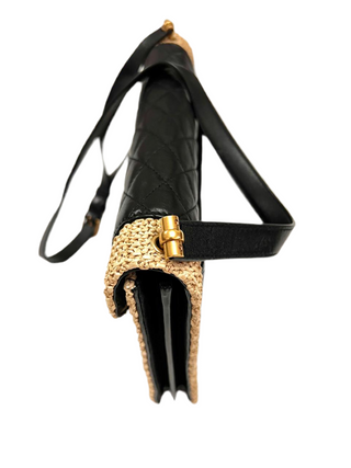 YSL Cream Raffia Black Leather Bag