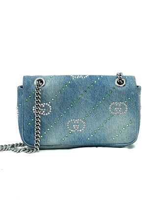 Gucci Marmont Crystal Medium In Blue GG denim