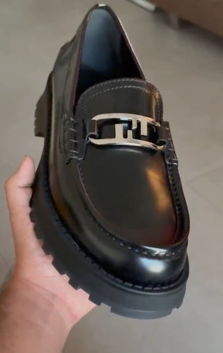 FENDI silver FF buckle leather loafers