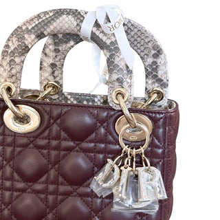Christian Dior Limited Edition Lady Dior Mini Python Handle Quilted Leather Burgundy