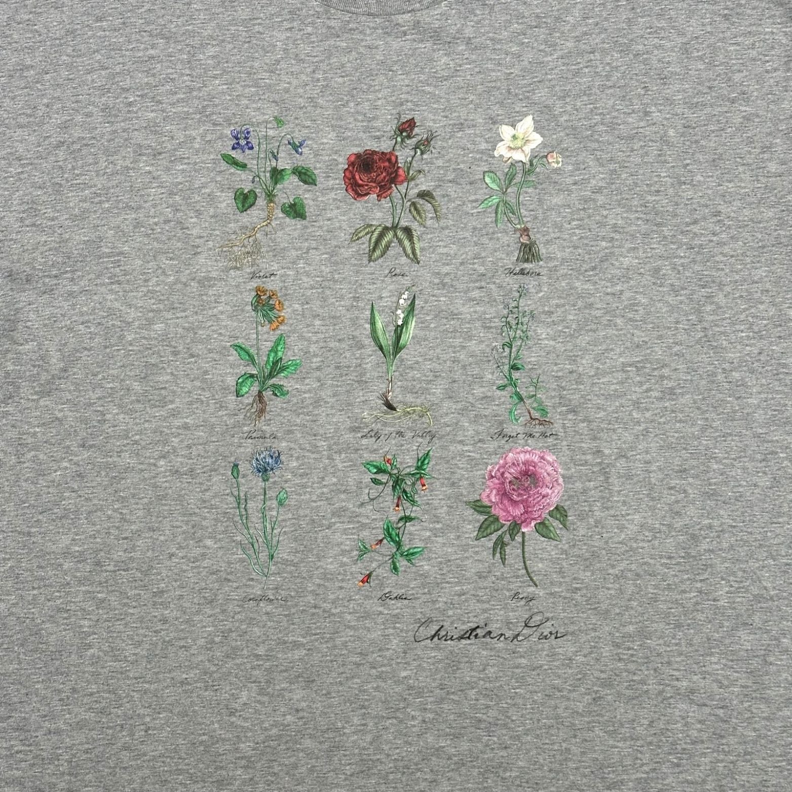 Christian Dior Flowers T Shirt Grey Slub Cotton Jersey